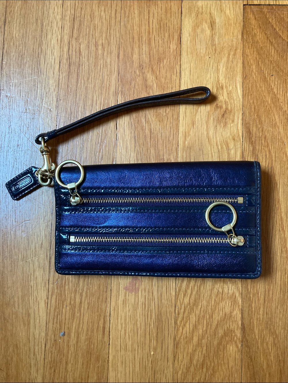 Coach Navy Leather Wristlet with Gold Hardware